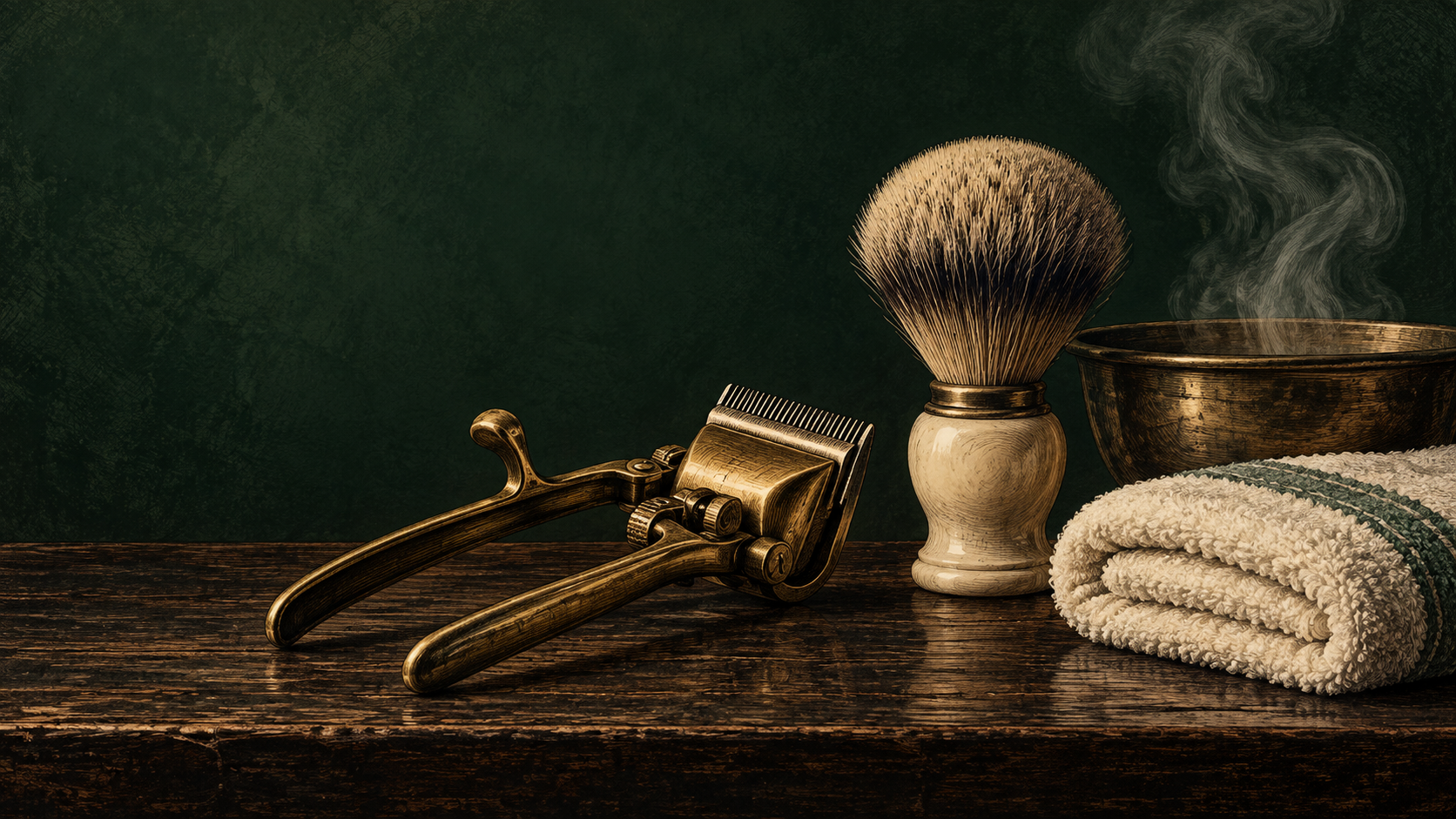 Illustration of brass clippers, a shaving brush, a lather bowl, and a folded towel on dark wood