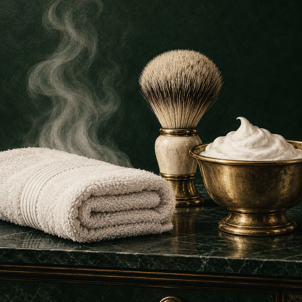 Illustration of a steaming folded towel beside a shaving brush and lather bowl